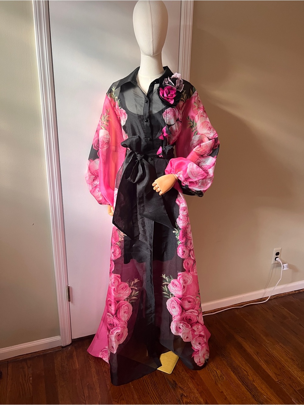 Sheer Floral Long Dress with Belt - Black & Pink